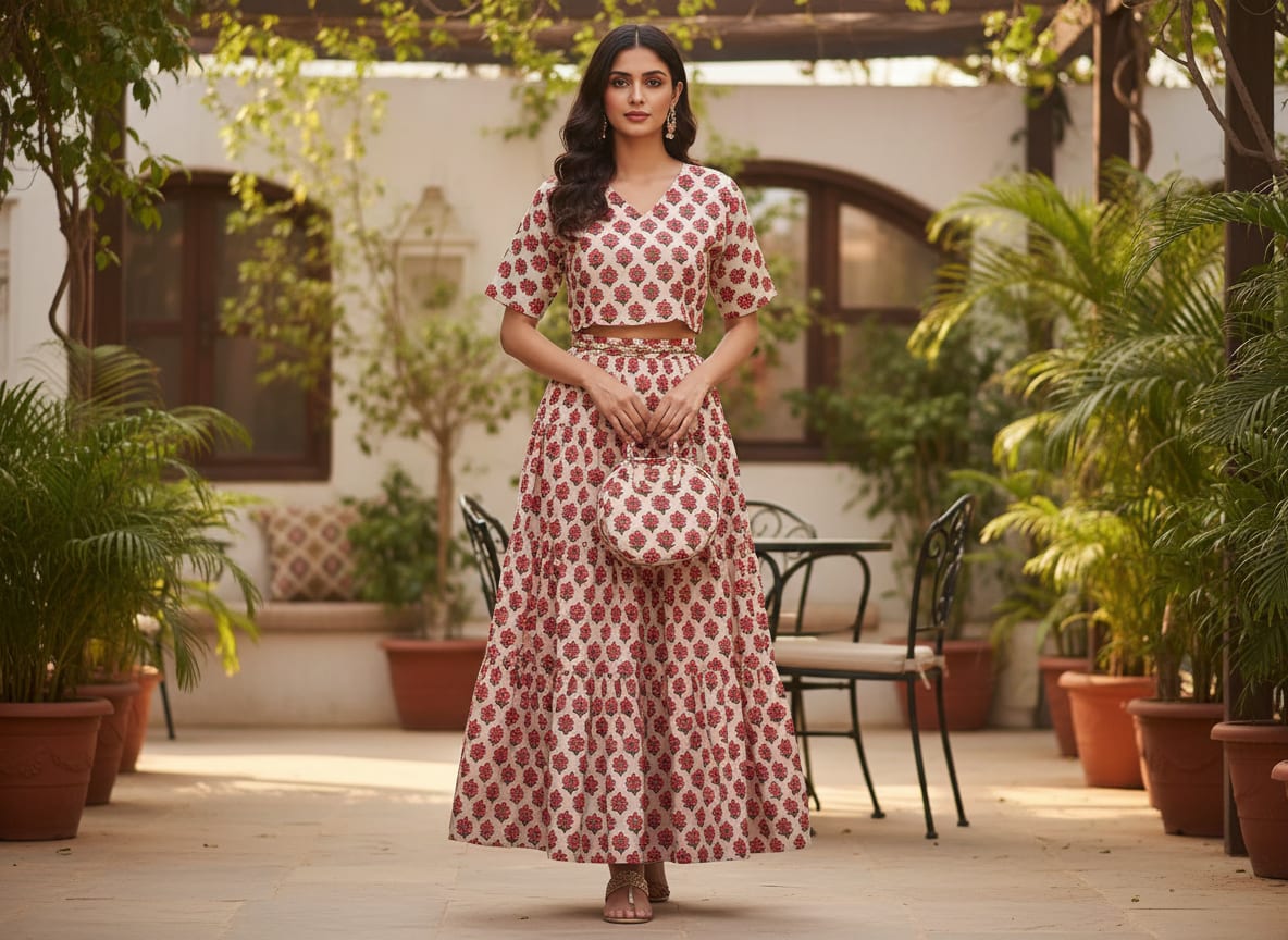 Cream Small Ethnic Floral Buti Kora Silk Digital Printed Fabric