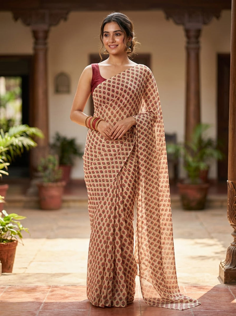 Cream Ethnic Floral Buti Print Weightless Digital Printed Fabric