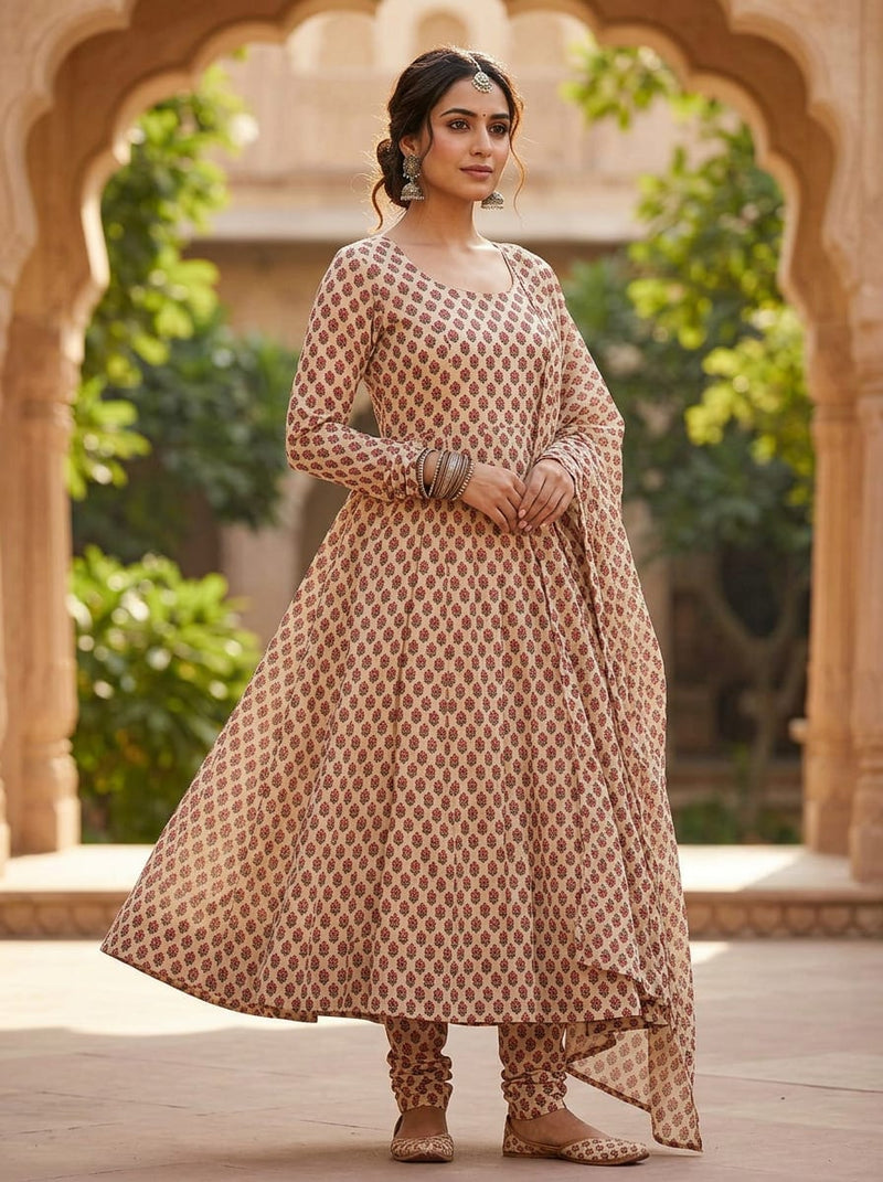 Cream Ethnic Floral Buti Print Weightless Digital Printed Fabric