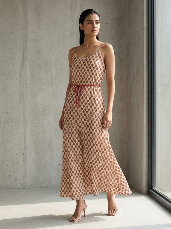 Cream Small Ethnic Floral Buti Upada Silk Digital Printed Fabric - Slip Dress Lookbook - US-0-MA012675-110 - alternate view