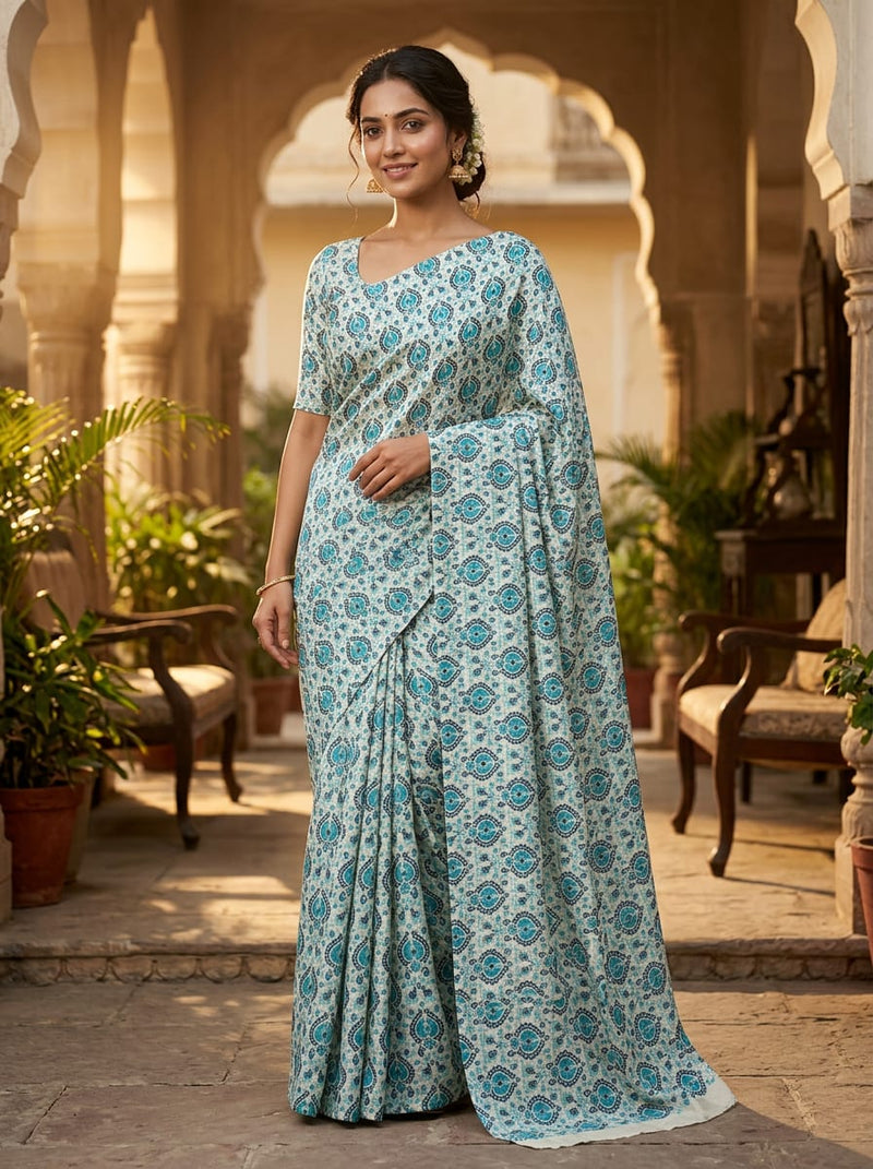 Teal Ethnic Damask Motif Tusser Silk Digital Printed Fabric