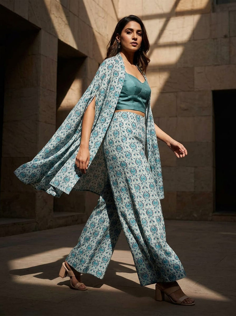 Teal Ethnic Damask Motif Tusser Silk Digital Printed Fabric