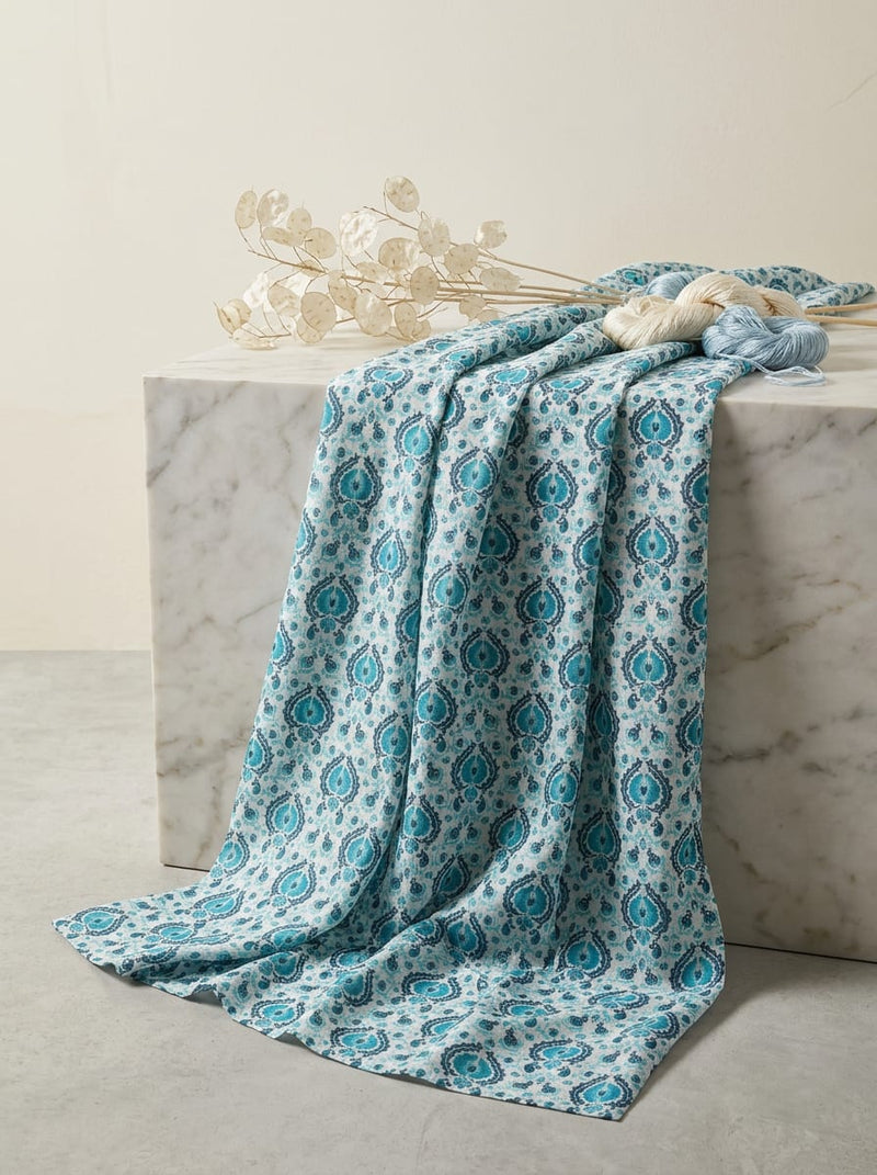 Teal Ethnic Damask Motif Tusser Silk Digital Printed Fabric