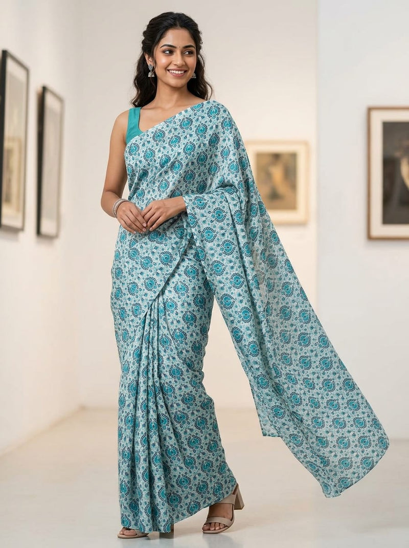 Teal Small Ethnic Paisley Upada Silk Digital Printed Fabric