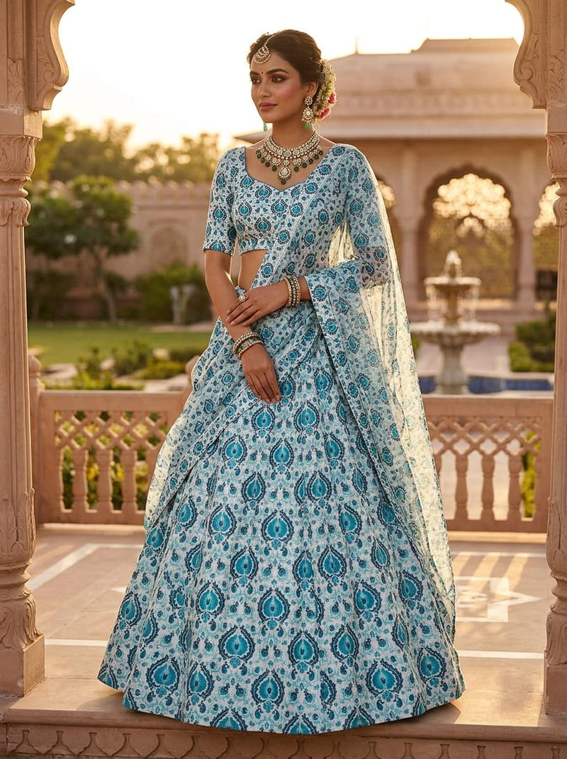Teal Small Ethnic Paisley Upada Silk Digital Printed Fabric