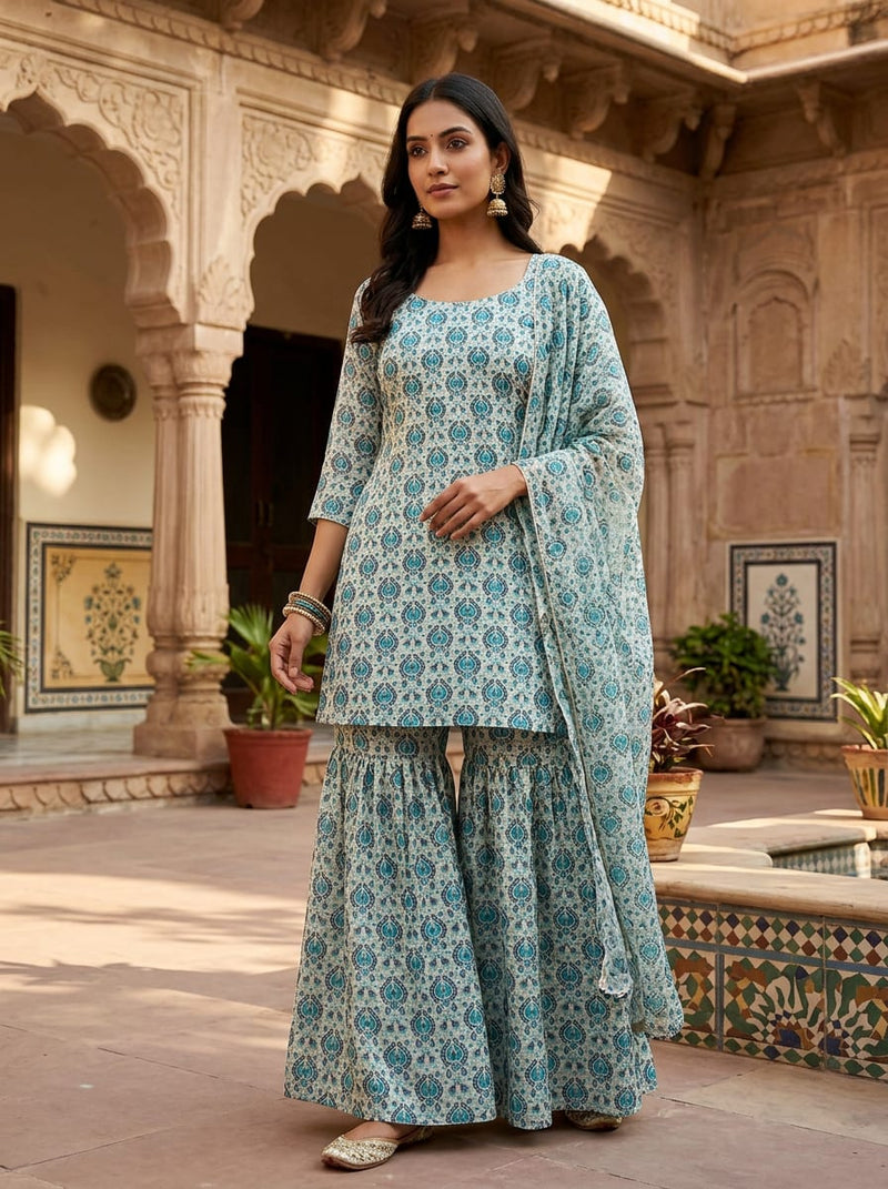 Teal Small Ethnic Paisley Upada Silk Digital Printed Fabric