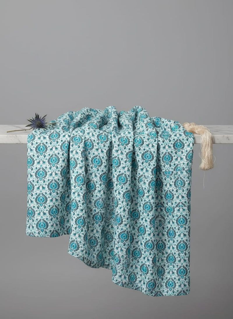 Teal Small Ethnic Paisley Upada Silk Digital Printed Fabric