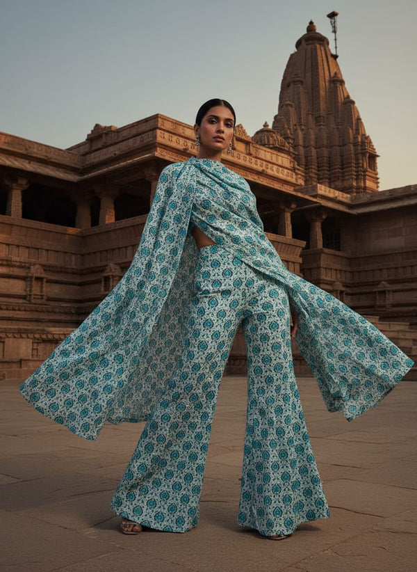 Skyblue Tiny Stylized Motif Digital Printed Fabric  - Upada Silk - Draped Cape with Flared Pants Lookbook - US-0-MA012688-110 - alternate view