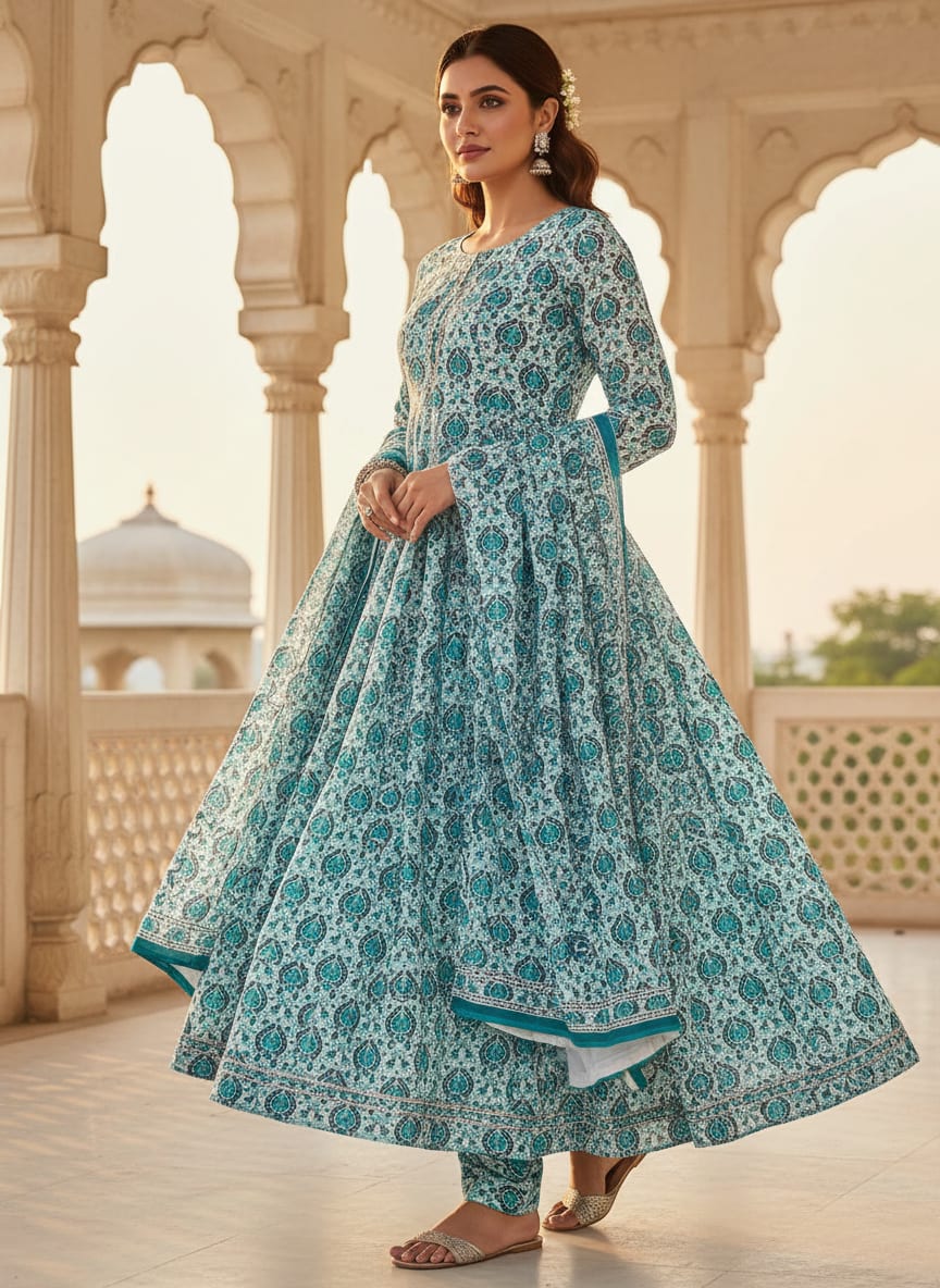 Skyblue Tiny Stylized Motif Digital Printed Fabric  - Pure Georgette