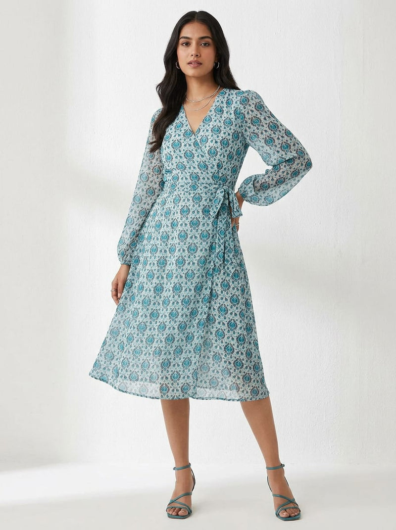 Teal Ethnic Damask Print Pure Georgette Digital Printed Fabric