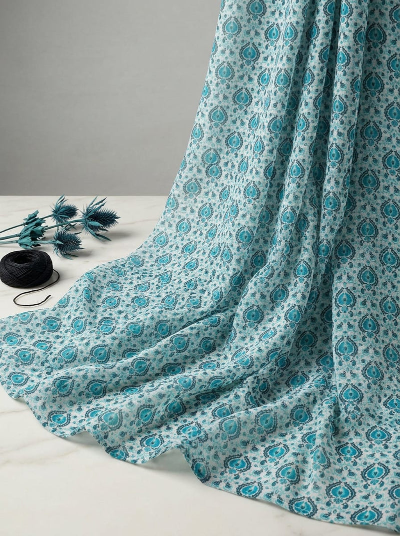 Teal Ethnic Damask Print Pure Georgette Digital Printed Fabric