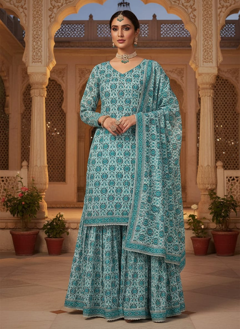 Teal Ethnic Damask Print Pure Georgette Digital Printed Fabric