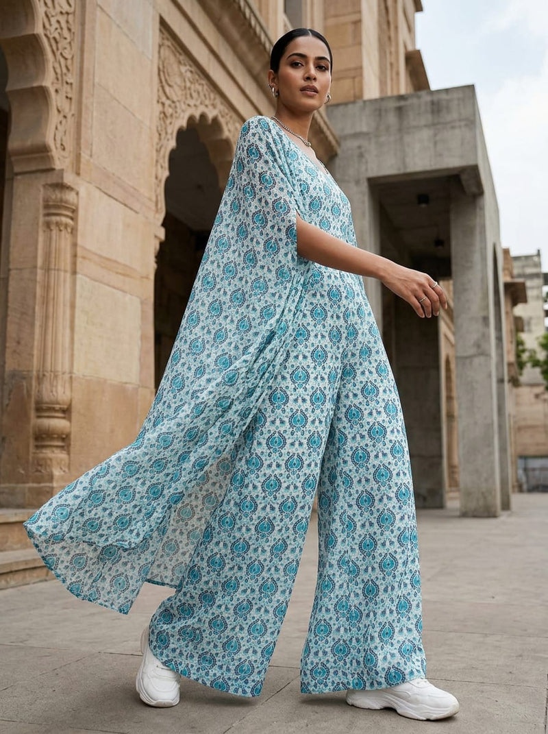 Teal Ethnic Damask Print Pure Georgette Digital Printed Fabric