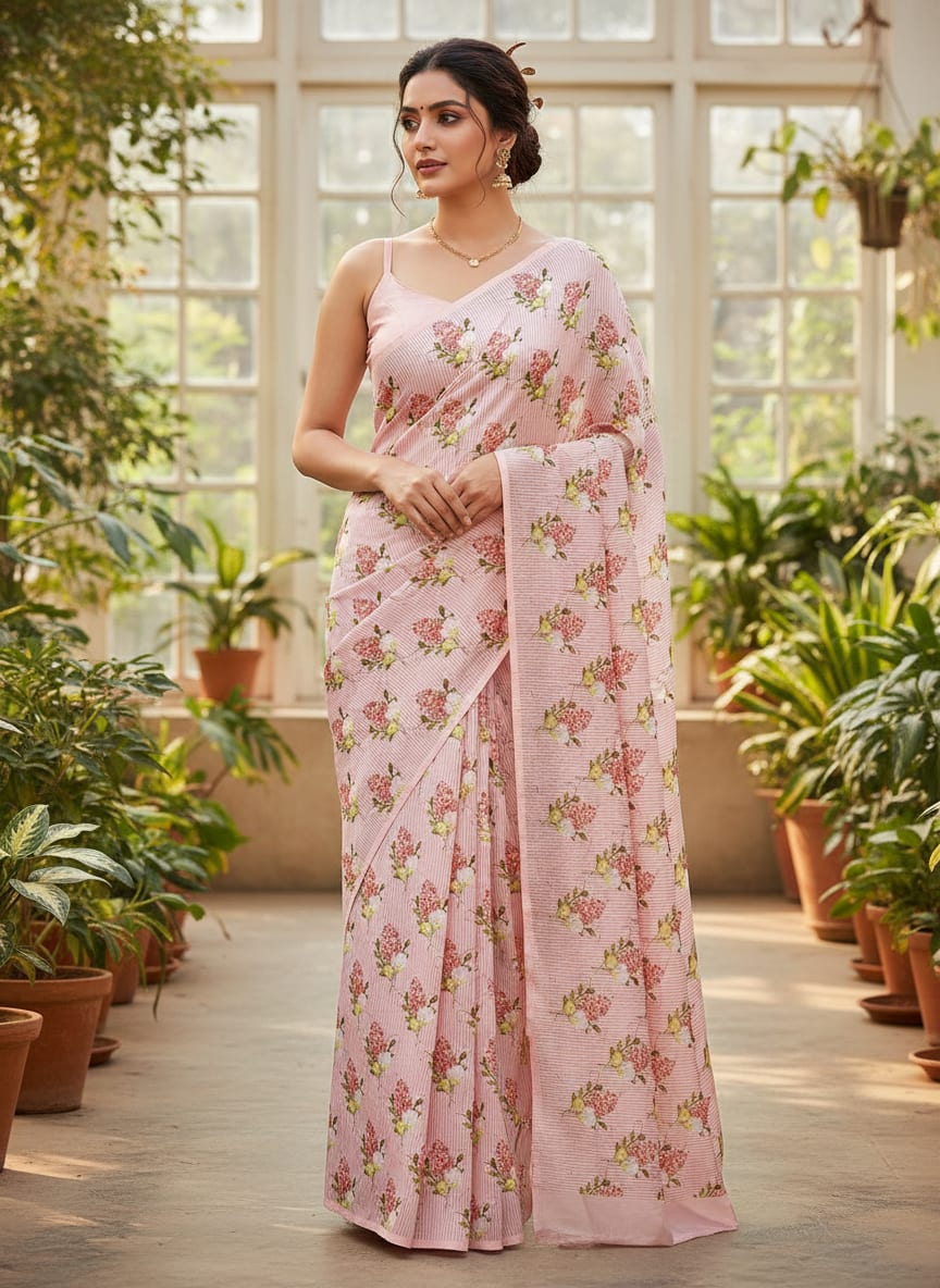 Pink Hyacinth Floral Bouquet on Stripes Kora Silk Digital Printed Fabric