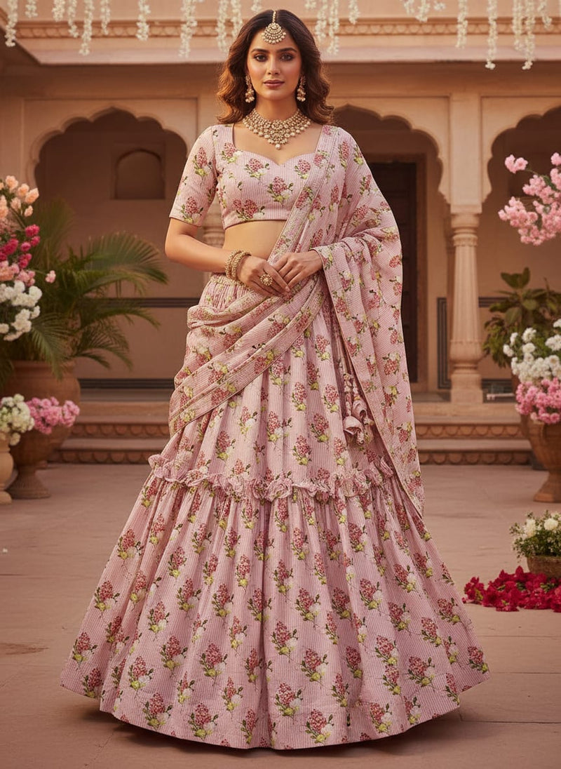 Pink Flower Pack With Stripes Digital Printed Fabric  - Kora Silk