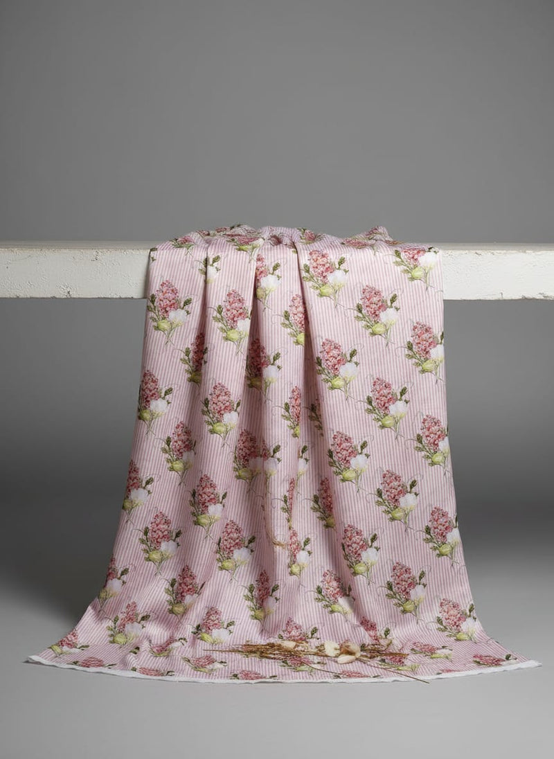 Pink Flower Pack With Stripes Digital Printed Fabric  - Kora Silk