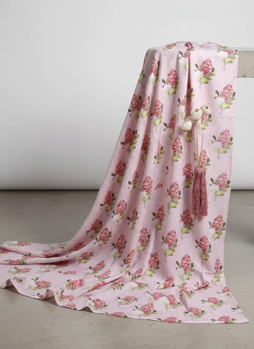 Pink Watercolor Floral Bouquet on Stripes Muslin Digital Printed Fabric