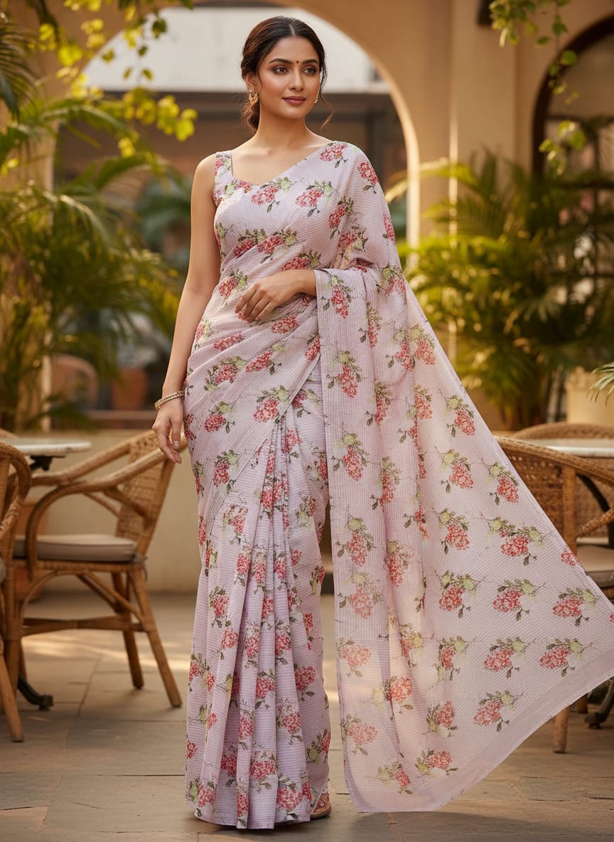 Pink Flower Pack With Stripes Digital Printed Fabric  - Crepe