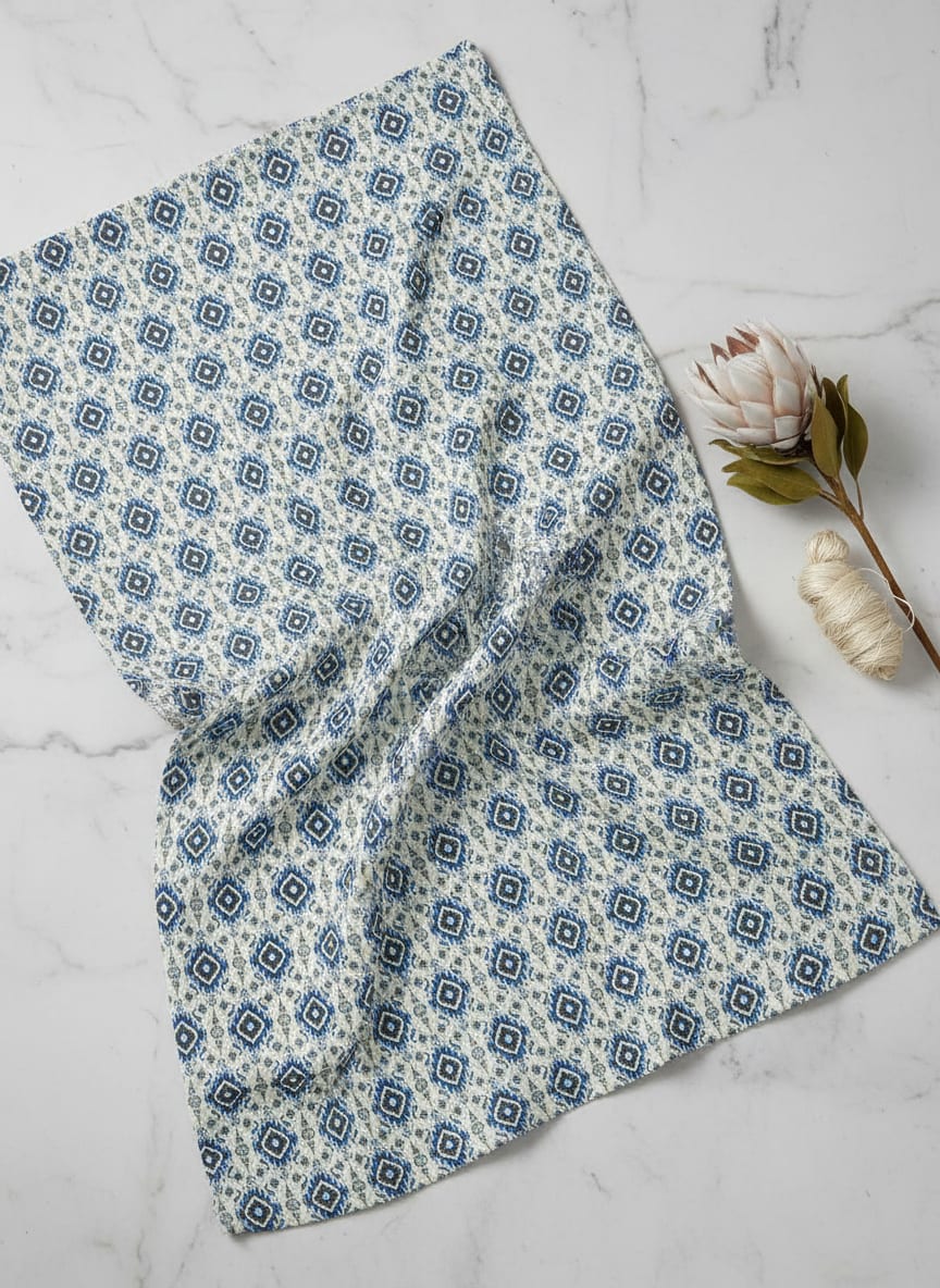 Blue Ethnic Ikat Diamond Pattern Japan Satin Digital Printed Fabric