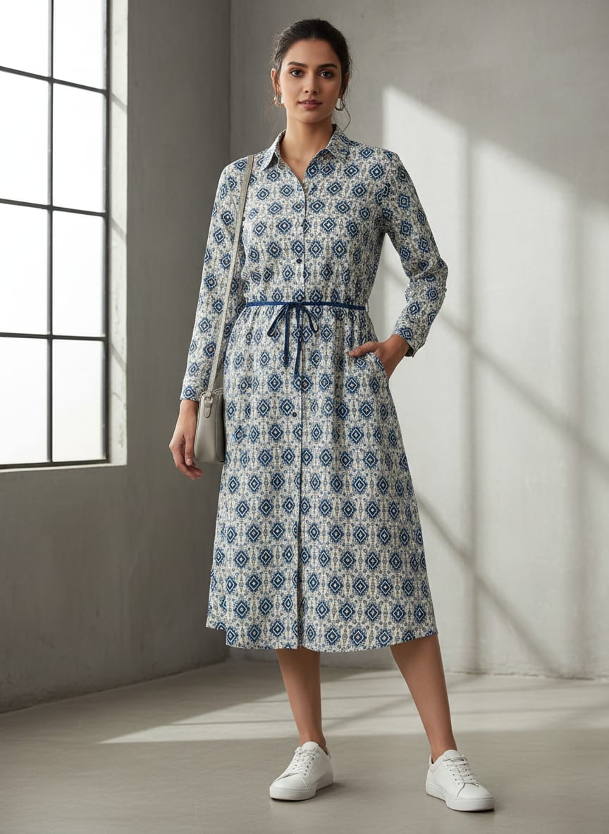 Blue Ethnic Ikat Diamond Pattern Pure Cotton Digital Printed Fabric