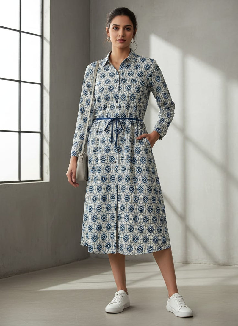 Blue Ethnic Ikat Diamond Pattern Pure Cotton Digital Printed Fabric