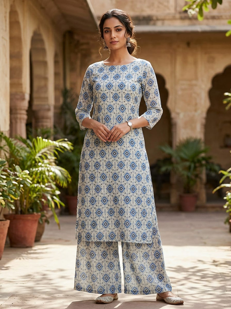 Blue Ethnic Diamond Geometric Pure Muslin Digital Printed Fabric