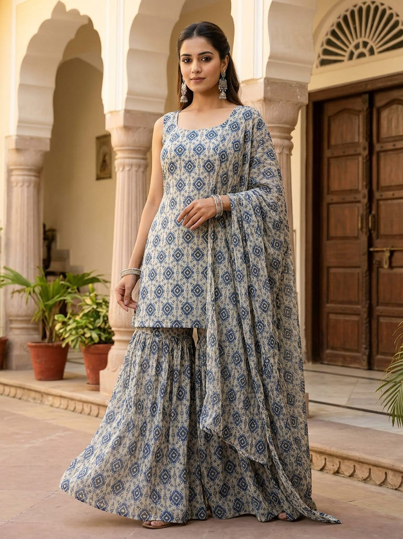 Blue Ethnic Ikat Diamond Pattern Pure Georgette Digital Printed Fabric