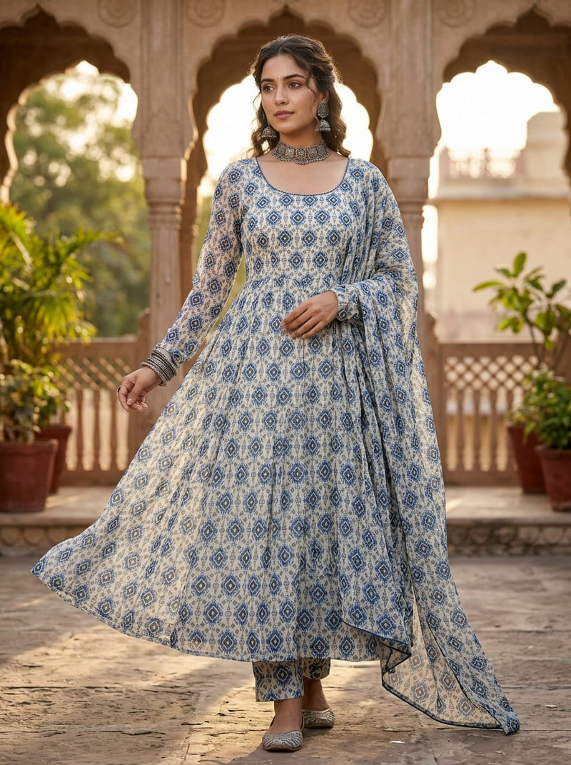 Blue Ethnic Ikat Diamond Pattern Pure Georgette Digital Printed Fabric