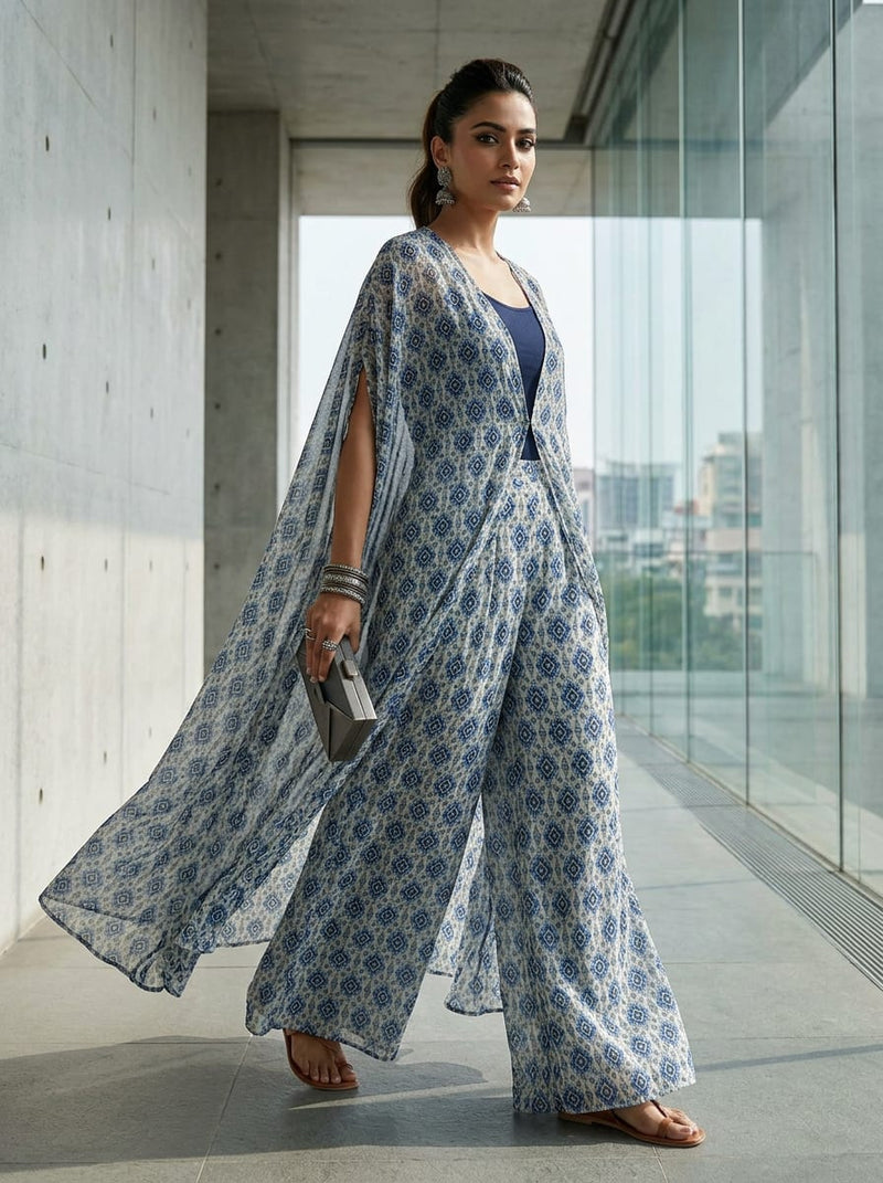 Blue Ethnic Ikat Diamond Pattern Pure Georgette Digital Printed Fabric