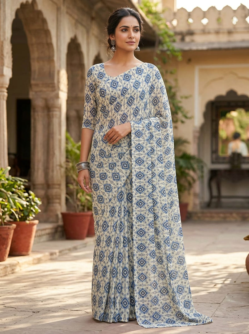 Blue Ethnic Ikat Diamond Pattern Pure Georgette Digital Printed Fabric