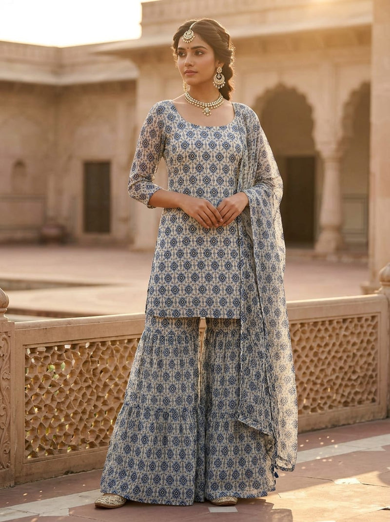 Blue Ethnic Ikat Diamond Pattern Pure Georgette Digital Printed Fabric