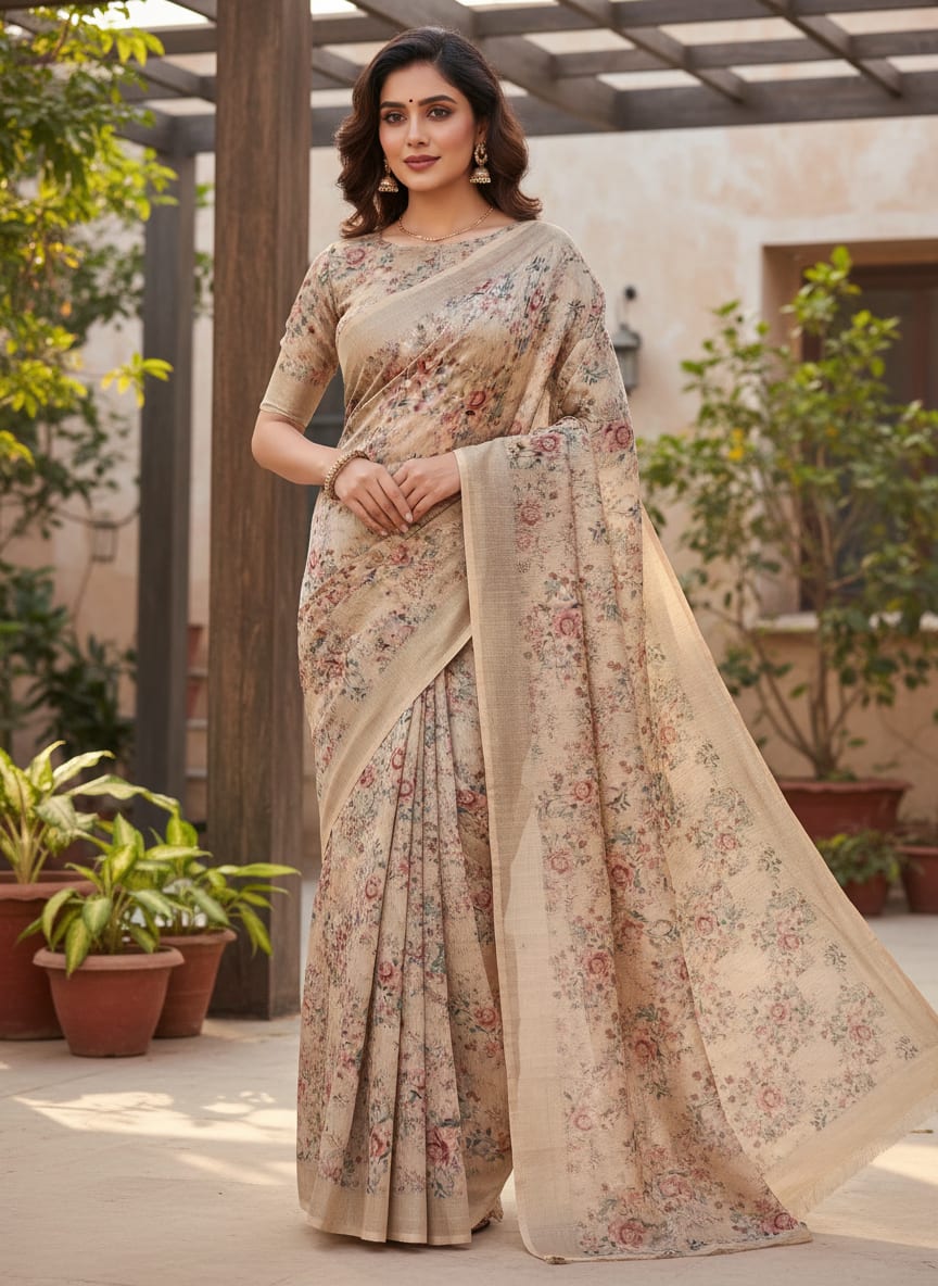 Big Floral Chintz Allover Digital Printed Fabric  - Tusser Silk