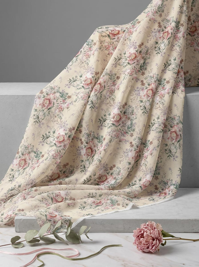 Cream Vintage English Rose Floral Weightless Digital Printed Fabric