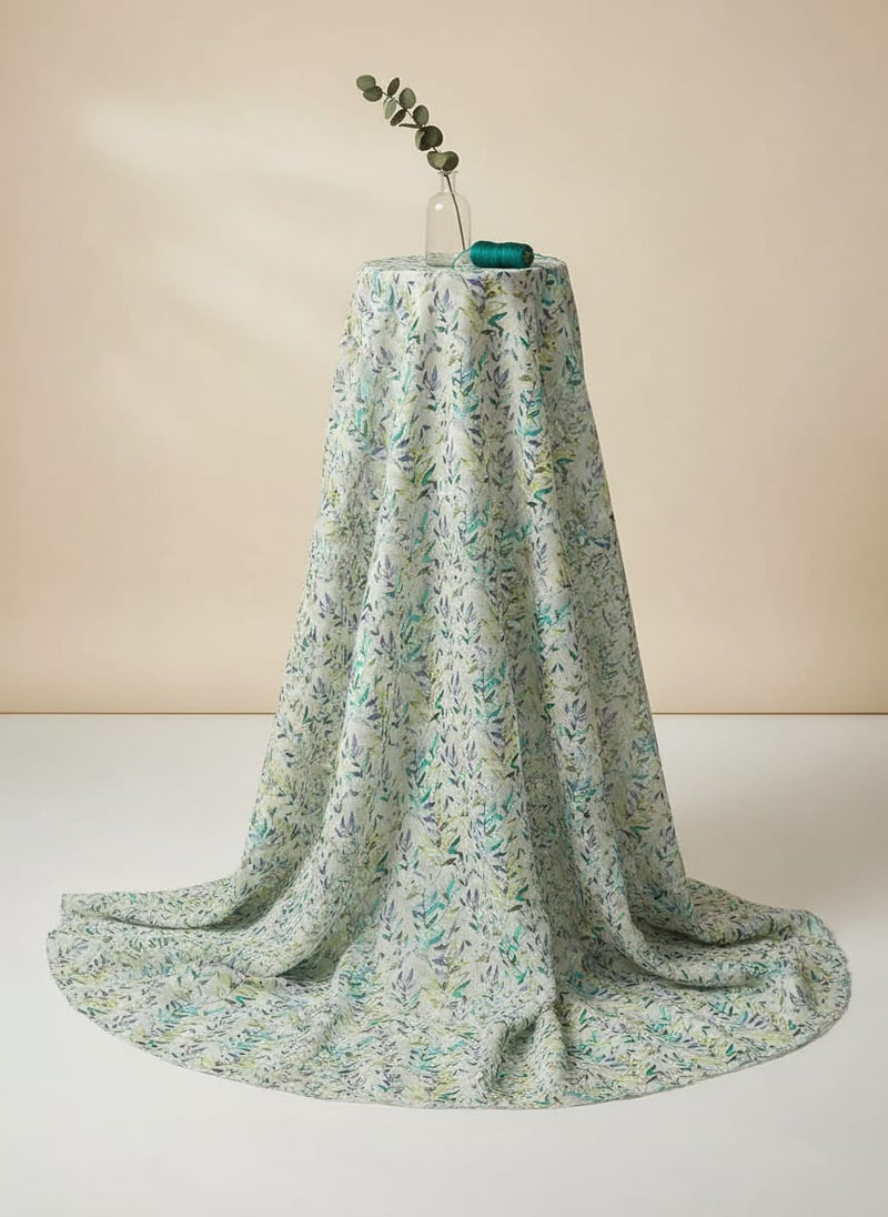 Green And Bluish Leaves Motif Digital Printed Fabric  - Kora Silk