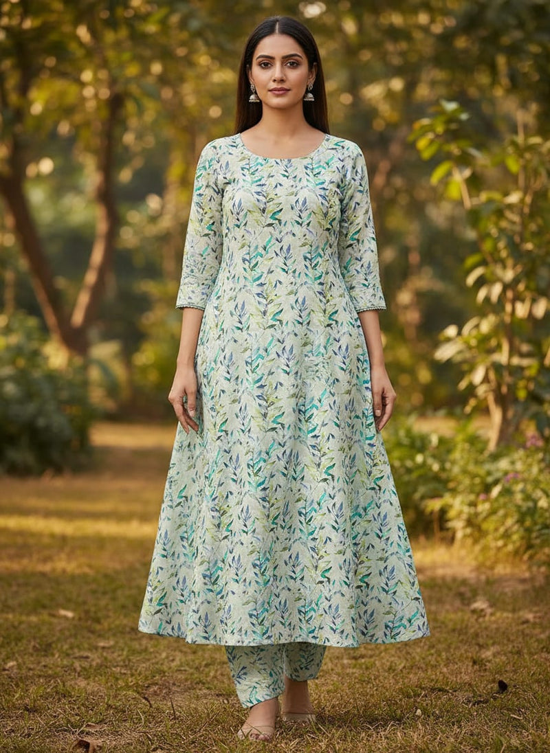 Green And Bluish Leaves Motif Digital Printed Fabric  - Kora Silk