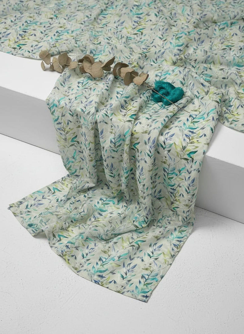 Green And Bluish Leaves Motif Digital Printed Fabric  - Upada Silk