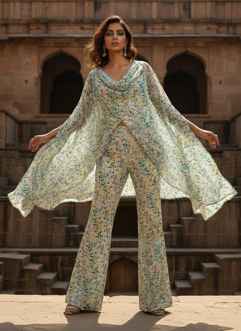 Green And Bluish Leaves Motif Digital Printed Fabric  - Upada Silk