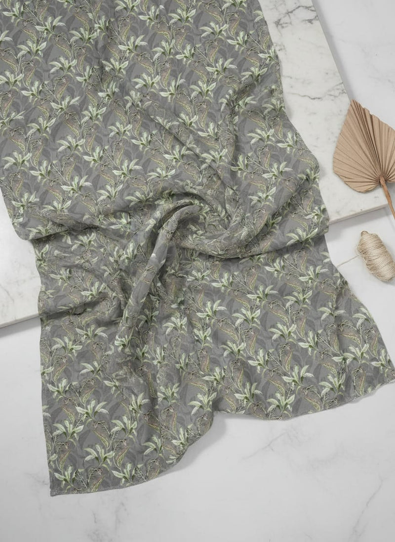Pista Flower On Grey Digital Printed Fabric  - Japan Satin