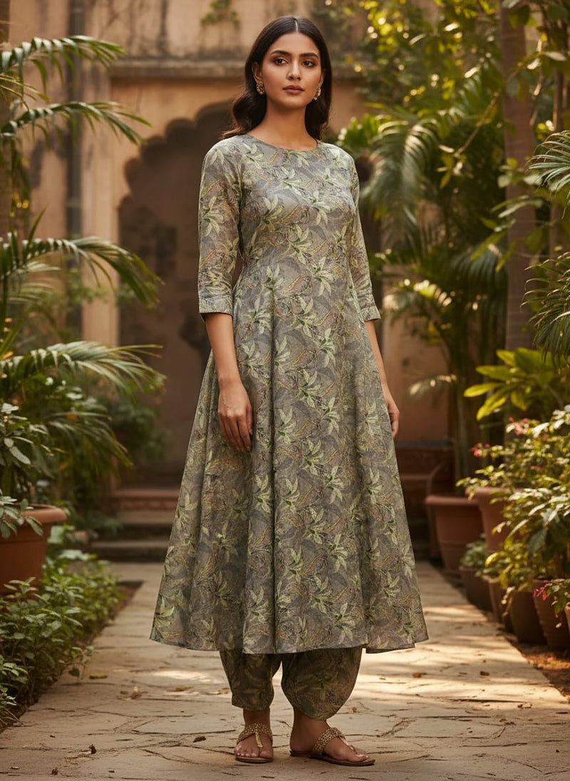 Pista Flower On Grey Digital Printed Fabric  - Tusser Silk
