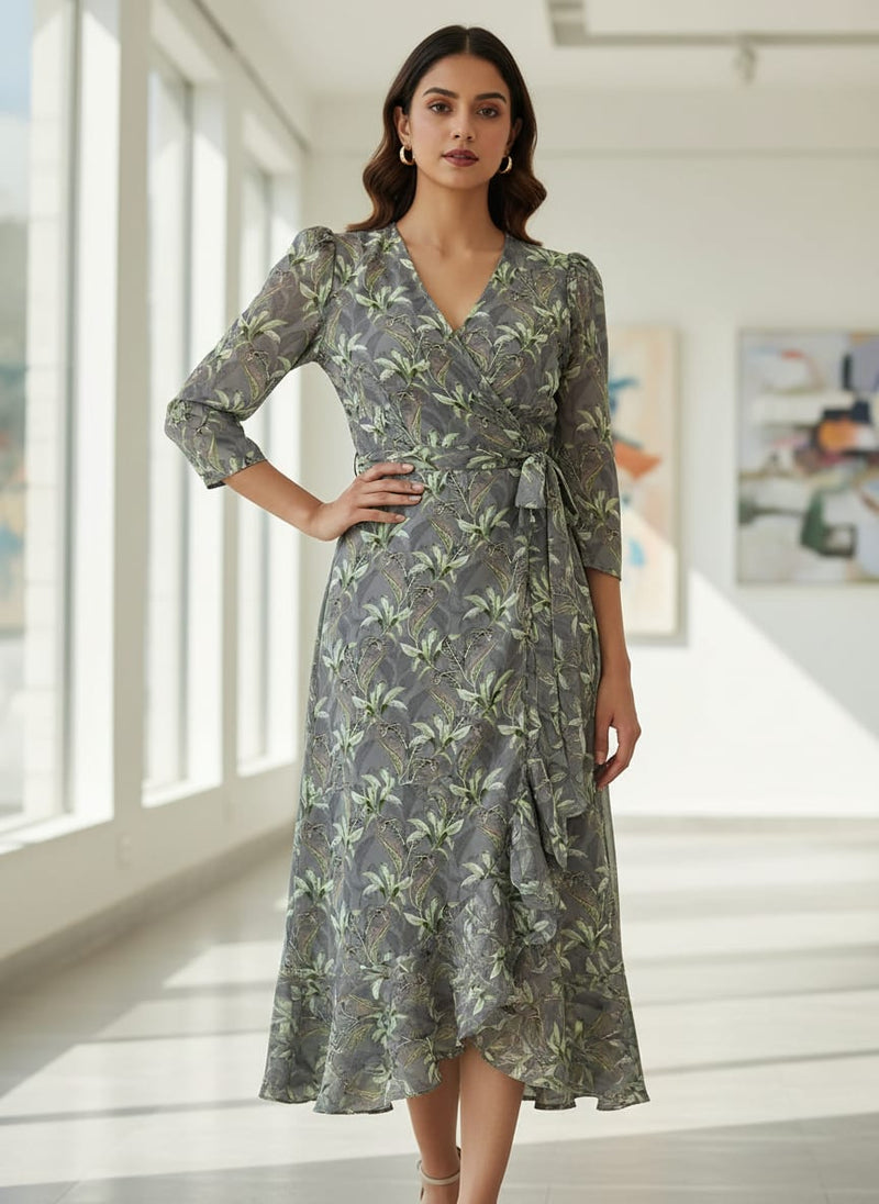 Pista Flower On Grey Digital Printed Fabric  - Weightless