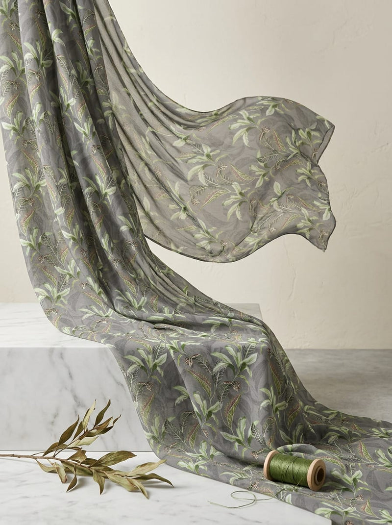 Grey Botanical Leaf Print Weightless Digital Printed Fabric