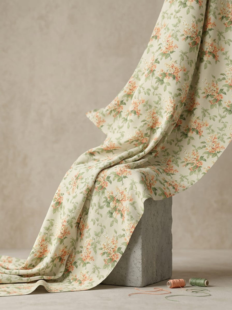 Cream and Peach Ditsy Vintage Floral Weightless Digital Printed Fabric