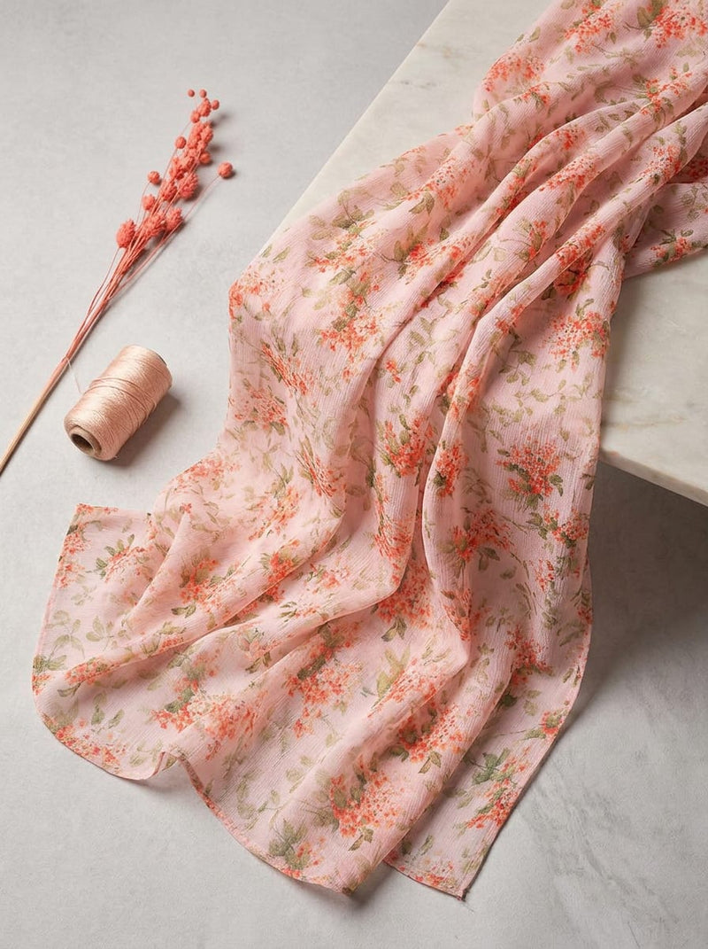 Cream Dainty Peach Floral Clusters Pure Georgette Digital Printed Fabric