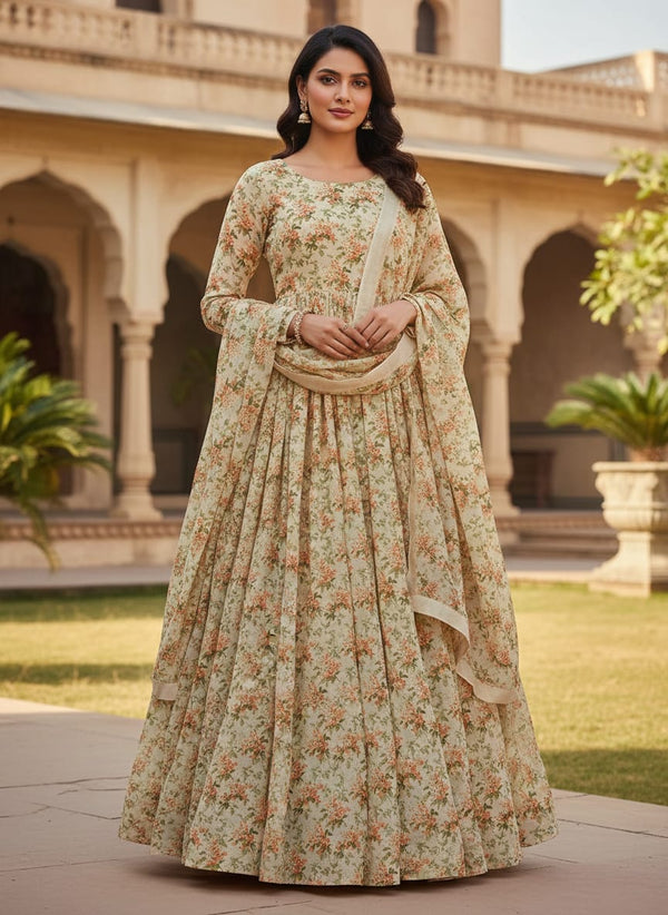 Cream Ditsy Floral Clusters Pure Chinon Digital Printed Fabric - Anarkali Kurta Set Lookbook - PC-0-MA013660-106 - alternate view
