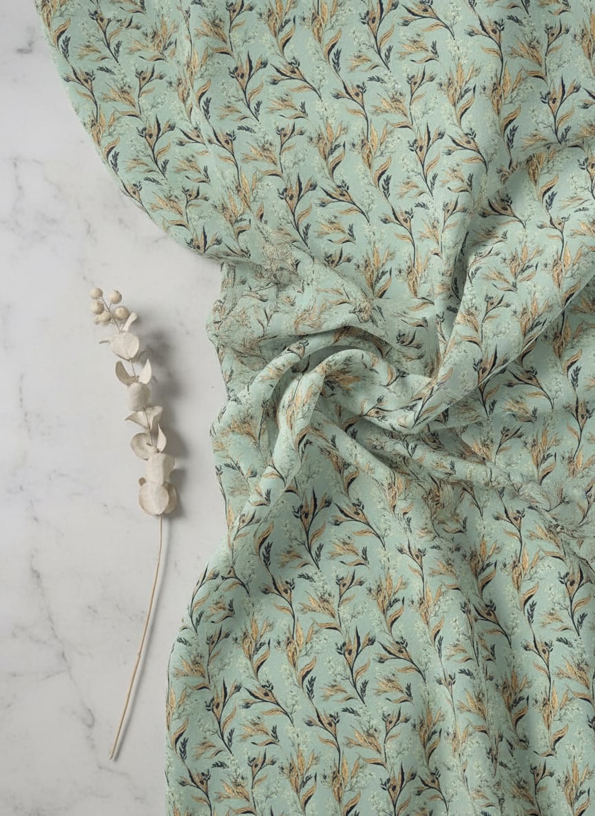 Green Delicate Botanical Vine Print Silk Crepe Digital Printed Fabric