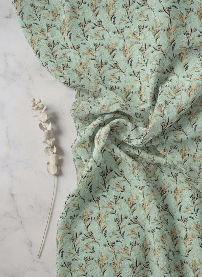 Green Delicate Botanical Vine Print Silk Crepe Digital Printed Fabric