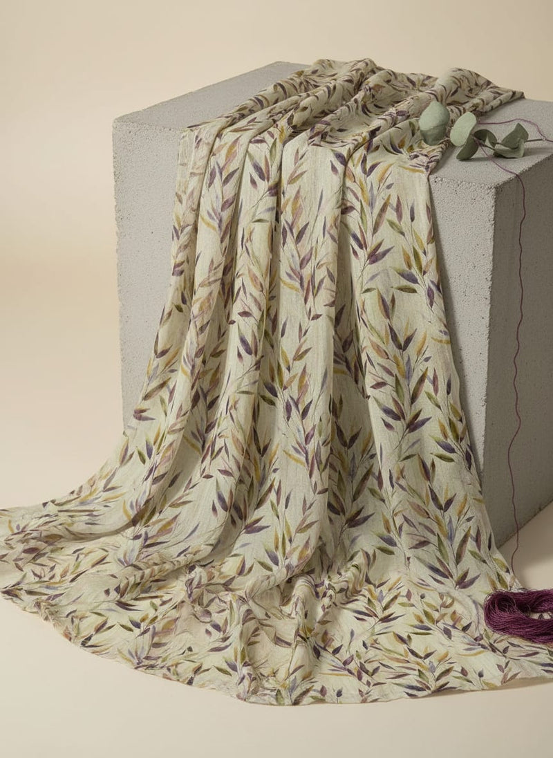 Cream Watercolor Botanical Leaves Pure Georgette Digital Printed Fabric