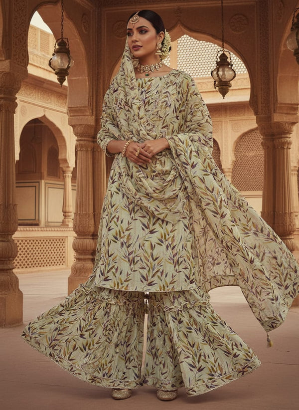 Cream Watercolor Botanical Leaves Pure Georgette Digital Printed Fabric - Gharara Set Lookbook - PG-0-MA013670-110 - alternate view