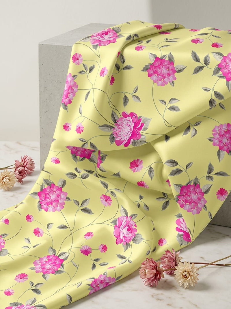 Yellow Pink Peony Floral Vine Japan Satin Digital Printed Fabric
