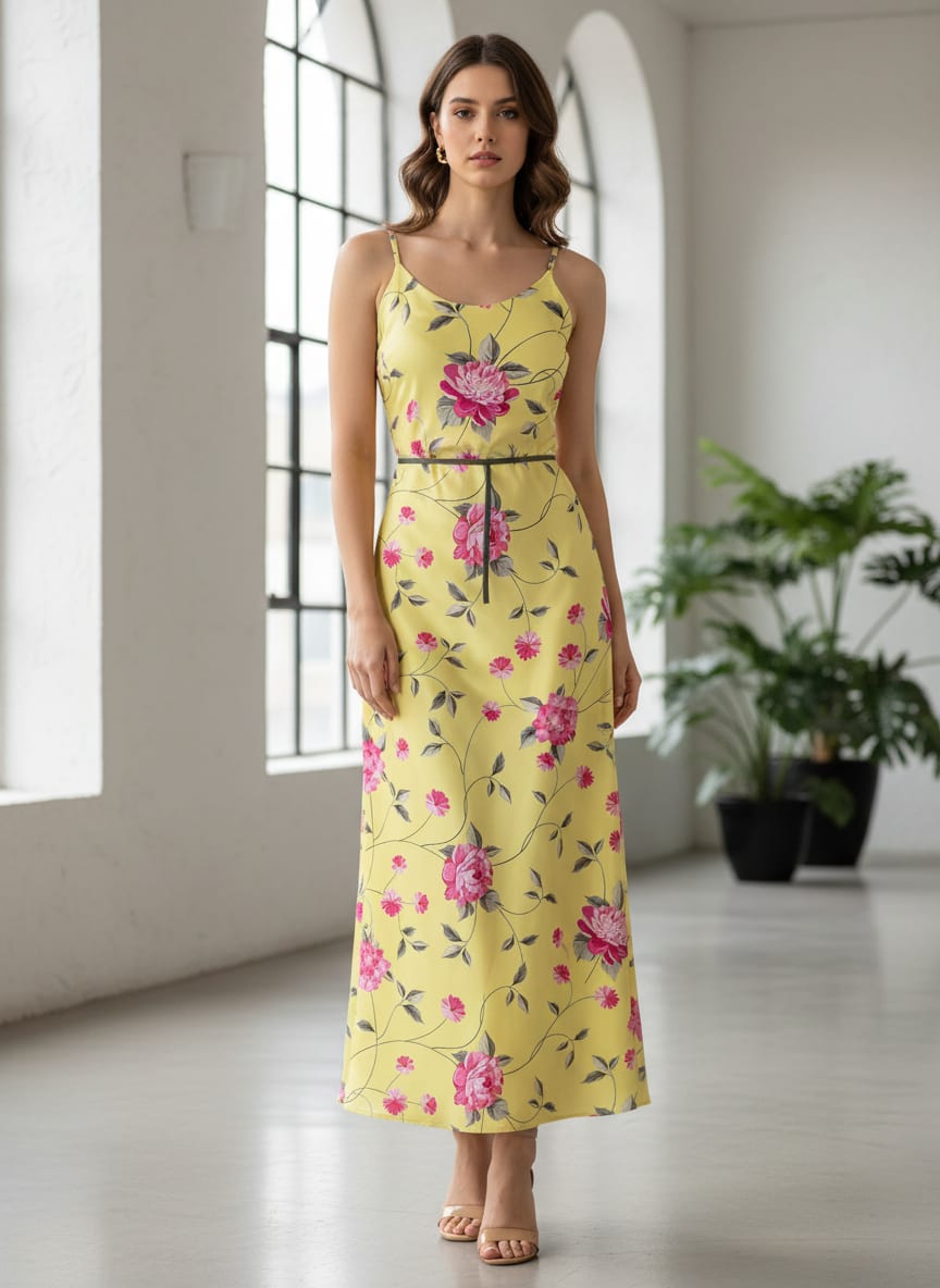 Pink Flower On Lemon Yellow Digital Printed Fabric  - Japan Satin